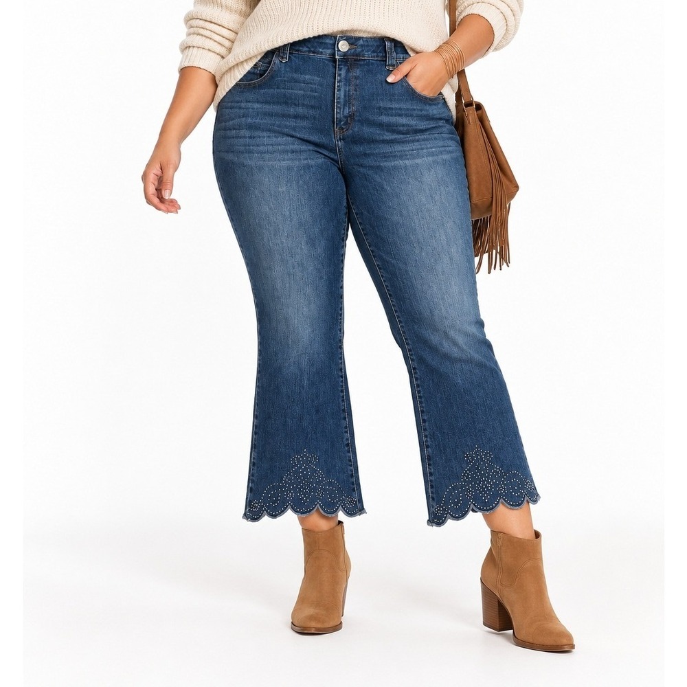 Democracy Ab solution‎ Cropped Flare Jeans Scalloped Stud Hem Indigo 24W NWOT